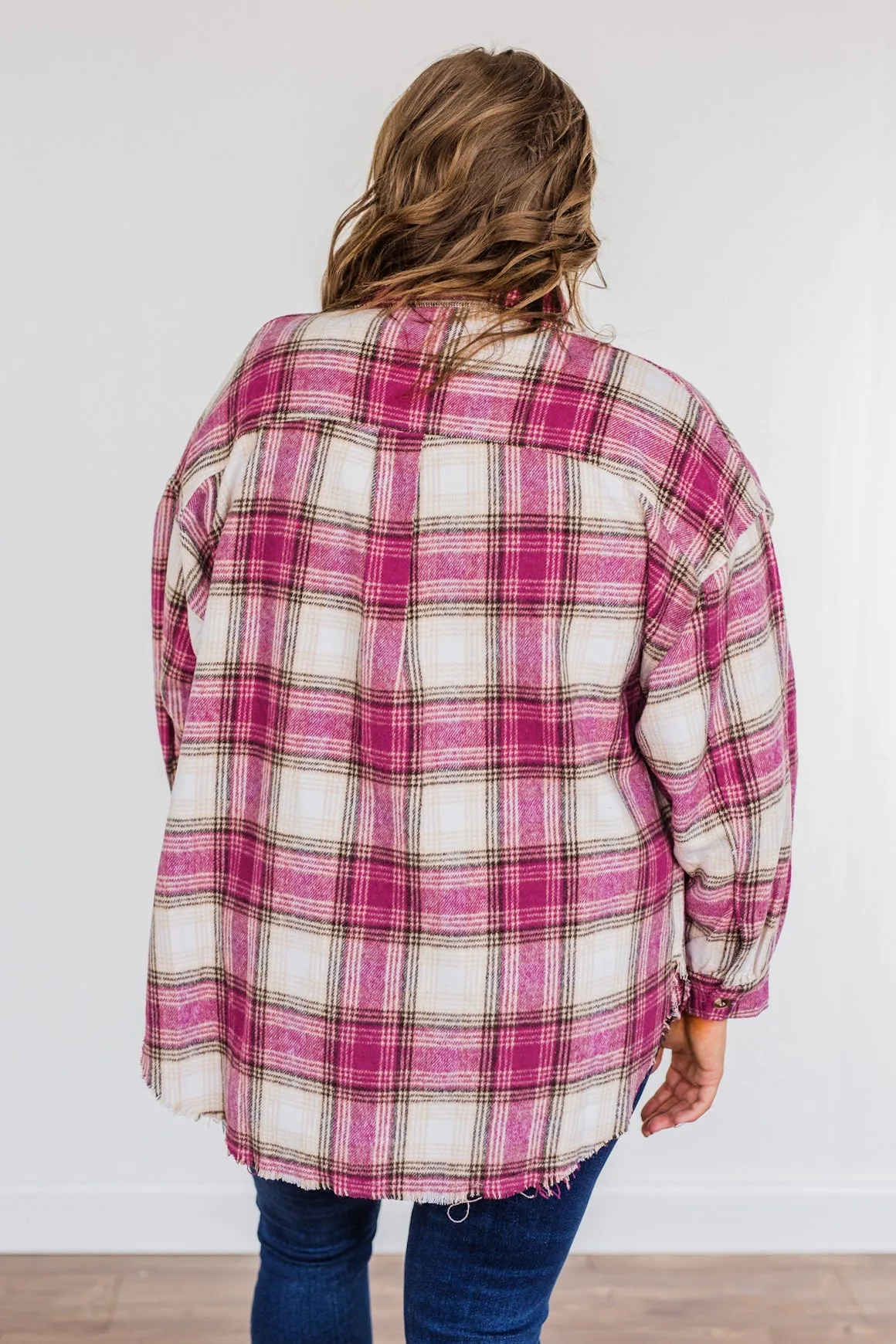 My Hearts Racing Flannel Top- Magenta & Taupe