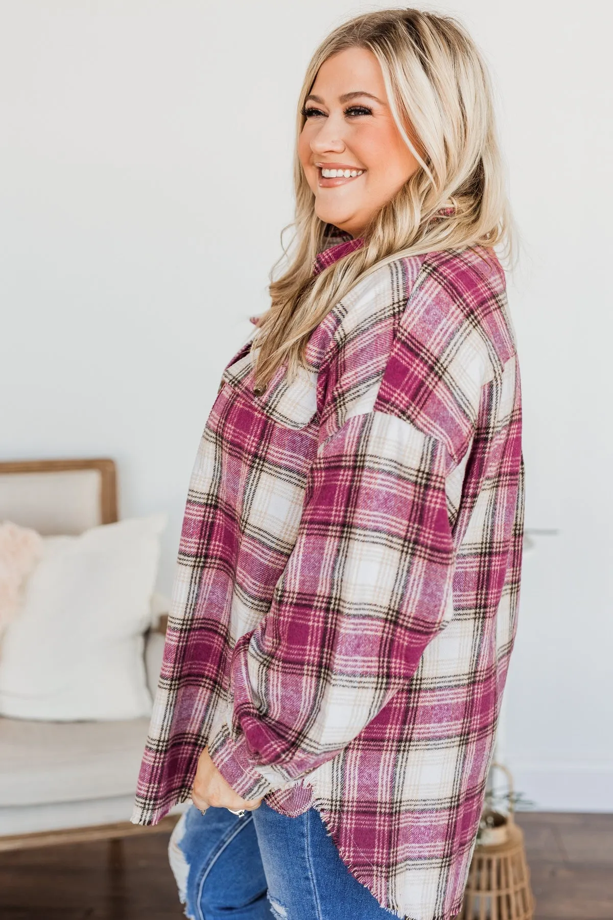 My Hearts Racing Flannel Top- Magenta & Taupe