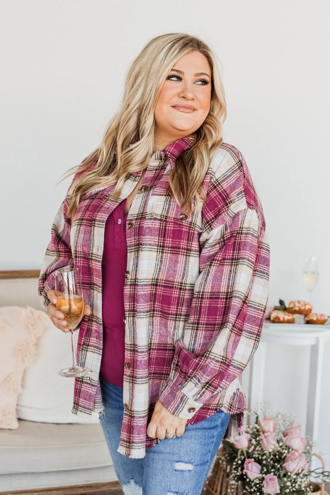 My Hearts Racing Flannel Top- Magenta & Taupe