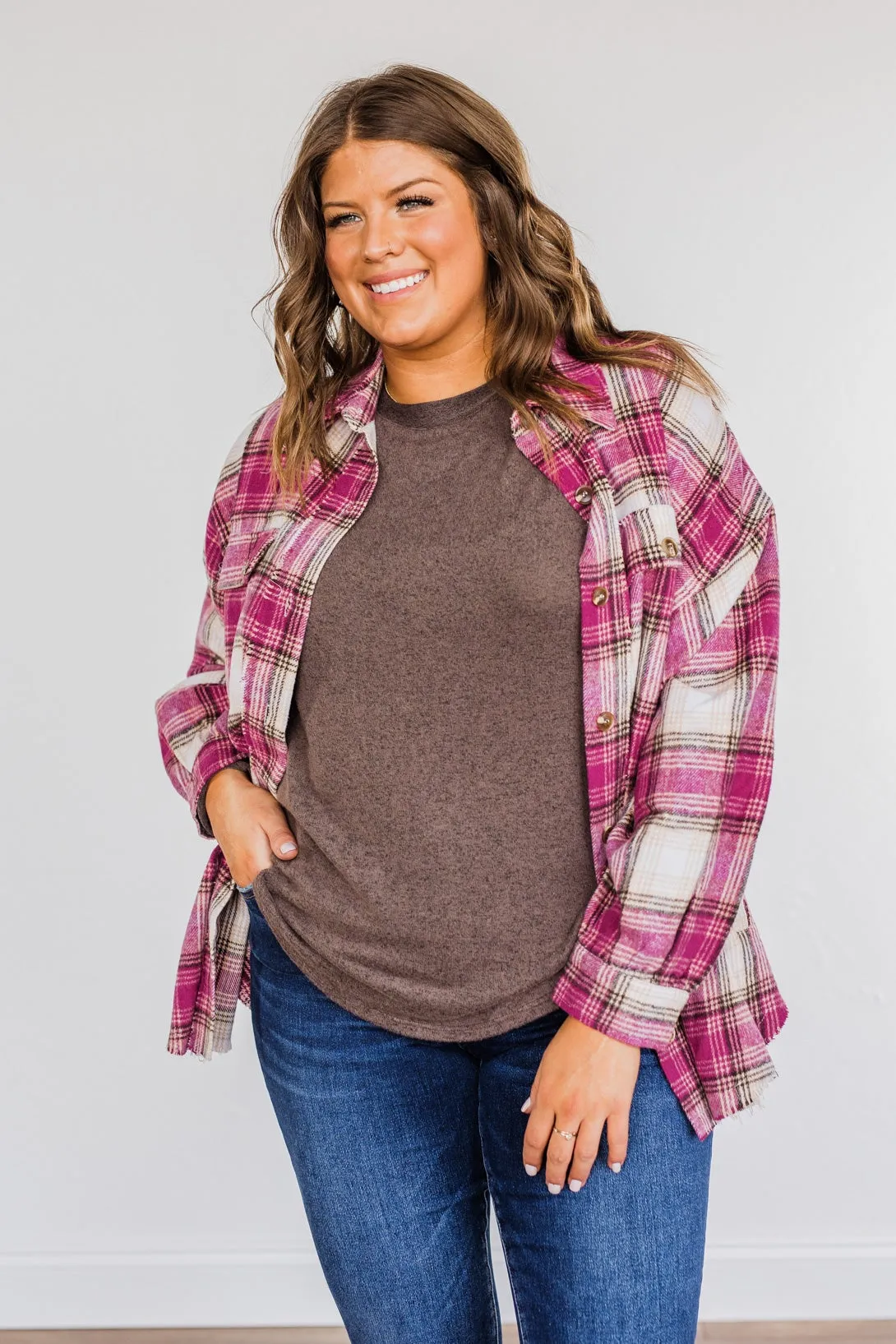 My Hearts Racing Flannel Top- Magenta & Taupe