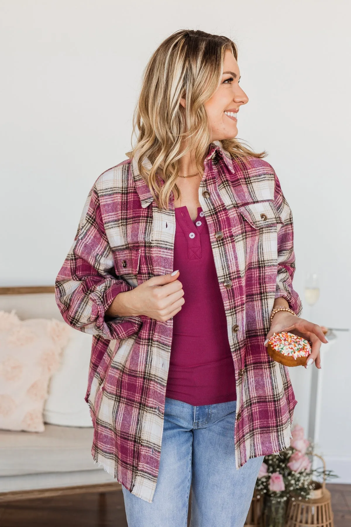 My Hearts Racing Flannel Top- Magenta & Taupe