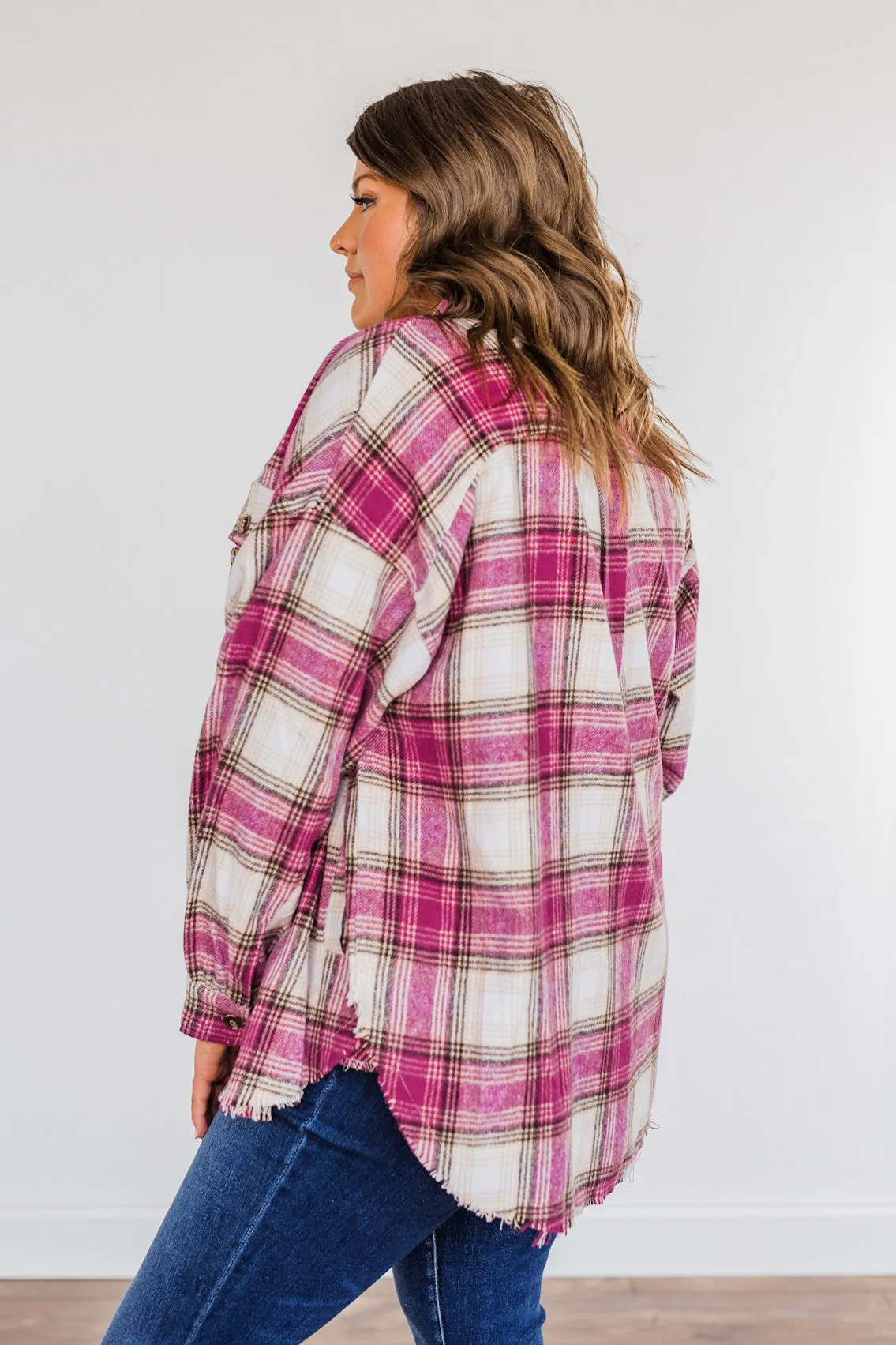 My Hearts Racing Flannel Top- Magenta & Taupe