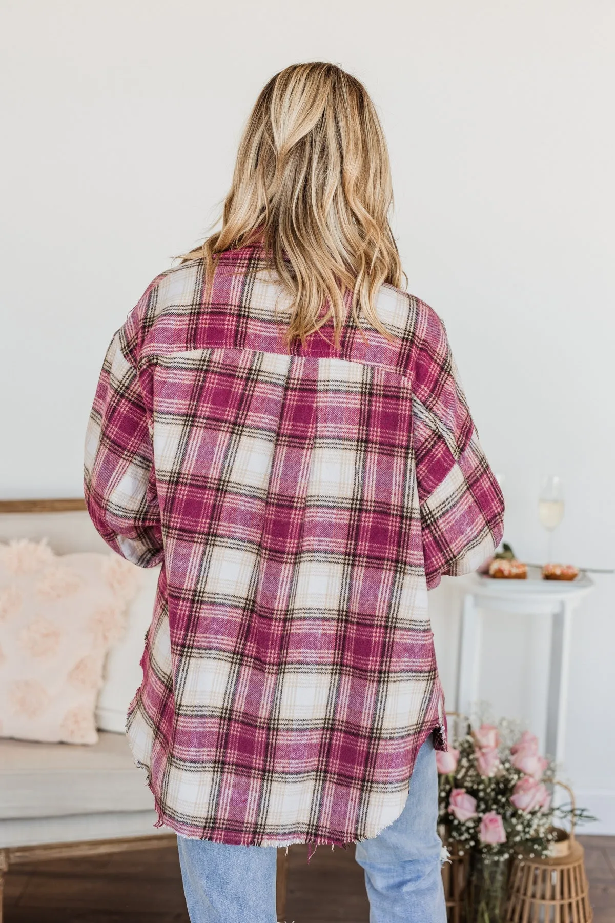 My Hearts Racing Flannel Top- Magenta & Taupe