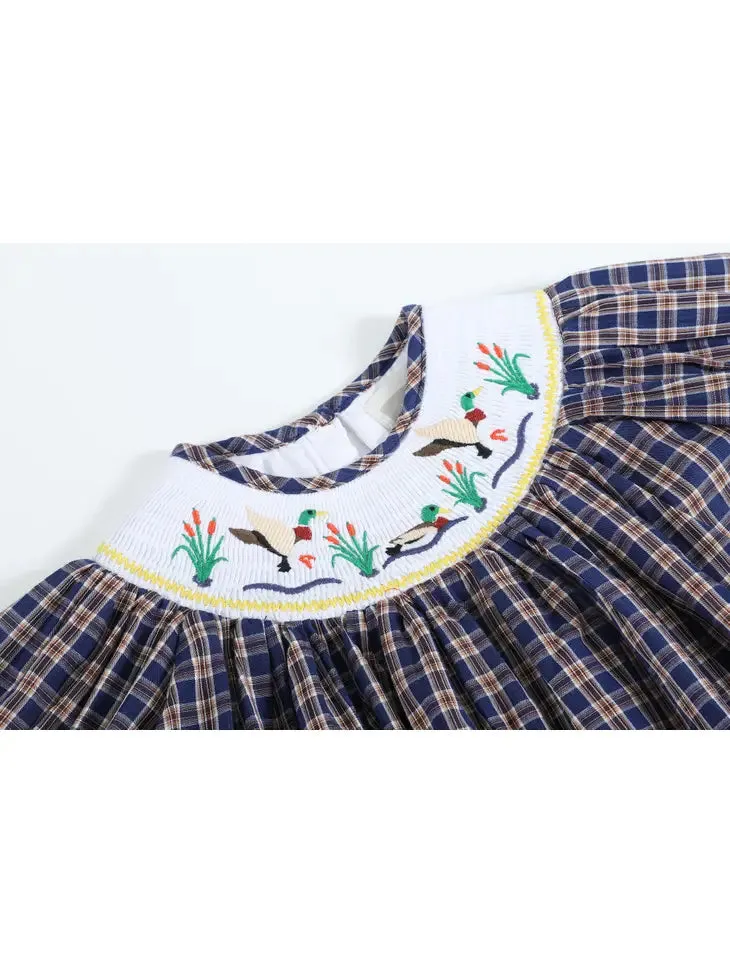 Navy Flannel Plaid Mallard Smocked Bishop