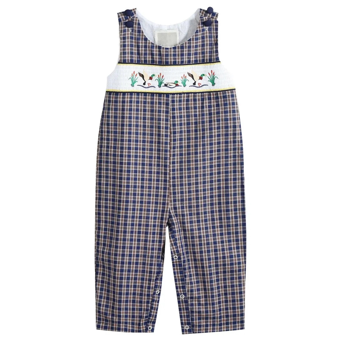 Navy Flannel Plaid Mallard Smocked Overalls