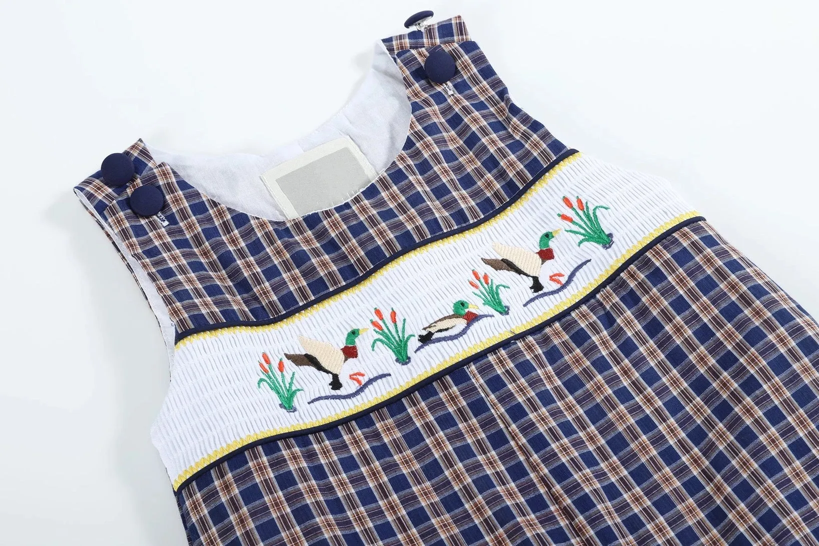 Navy Flannel Plaid Mallard Smocked Overalls