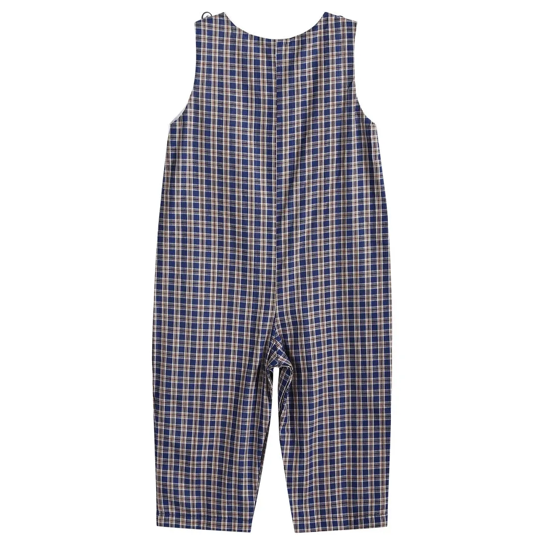 Navy Flannel Plaid Mallard Smocked Overalls