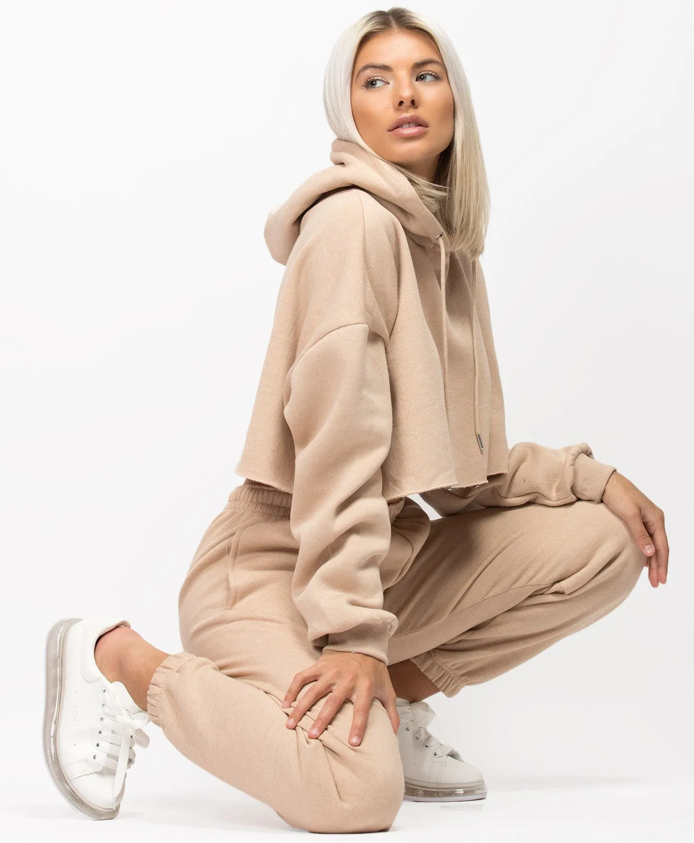 OVERSIZED CROPPED HOODIE & JOGGERS LOUNGEWEAR SET- SAND