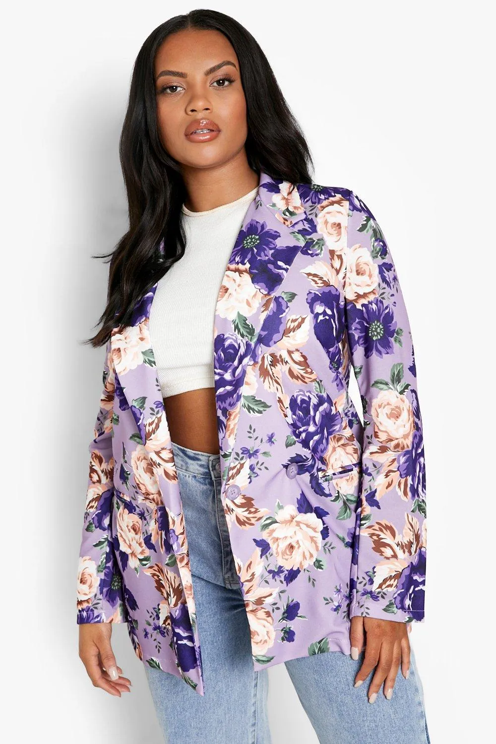 Plus Floral Double Breasted Oversized Blazer