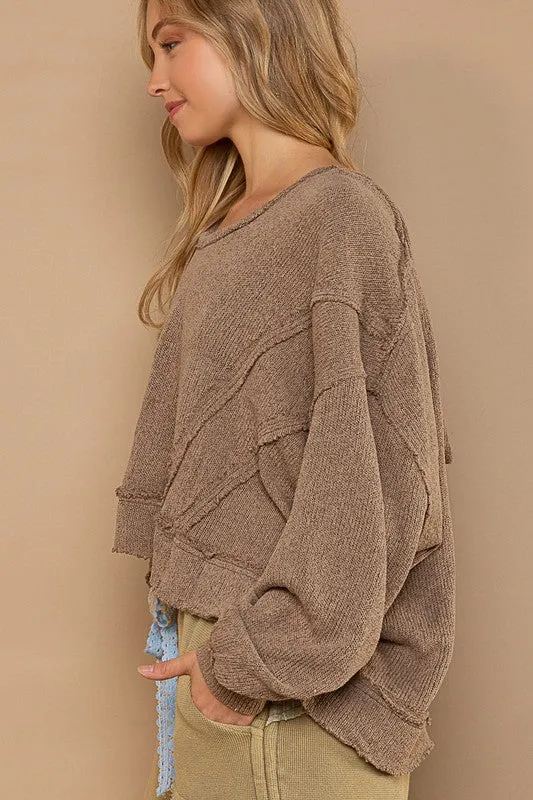 POL Round Neck Balloon Sleeve Hooded Knit Top