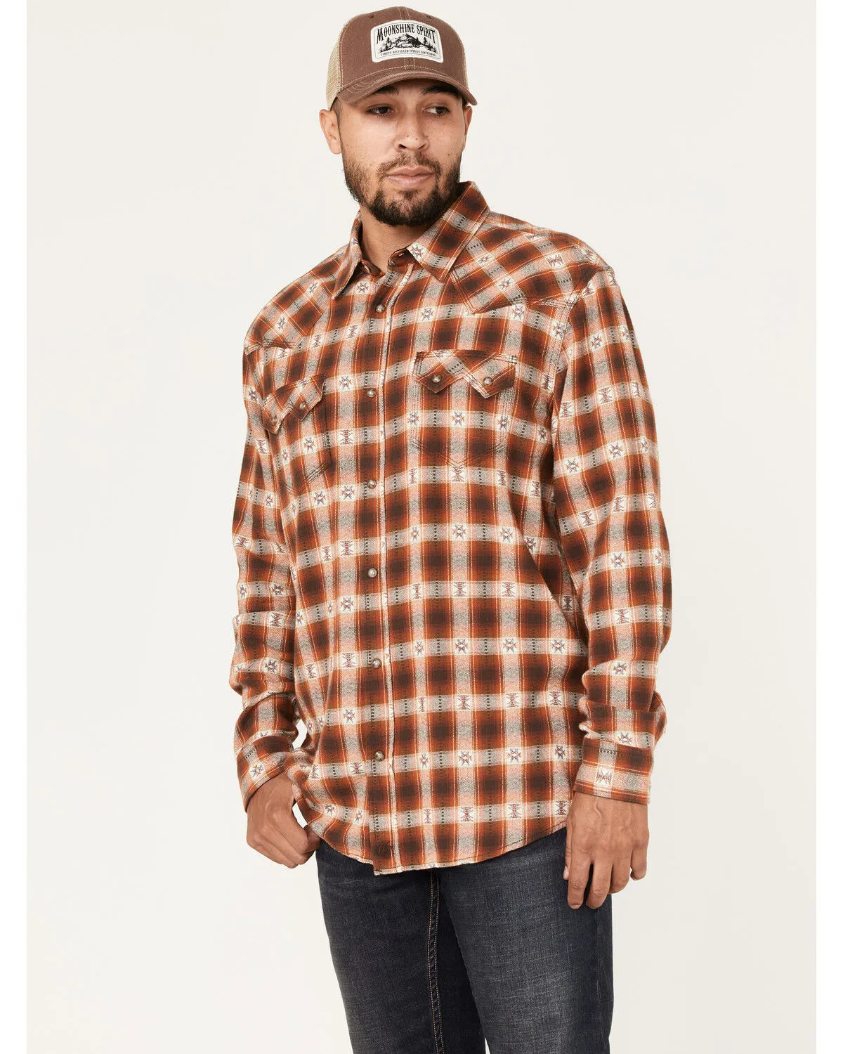 Product Name:  Moonshine Spirit Men's Trail Map Southwestern Plaid Print Snap Western Flannel Shirt