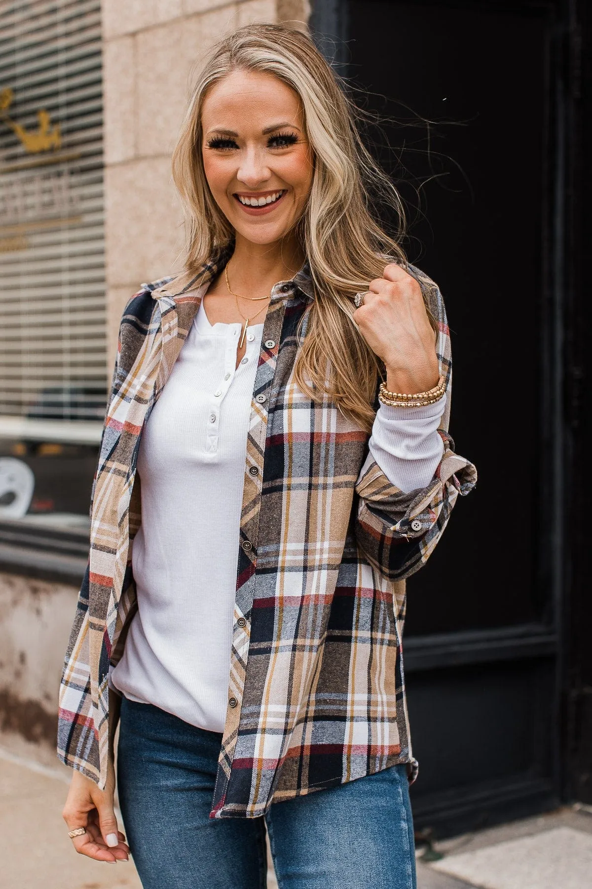 Pumpkin Farm Button Down Flannel- Taupe & Navy