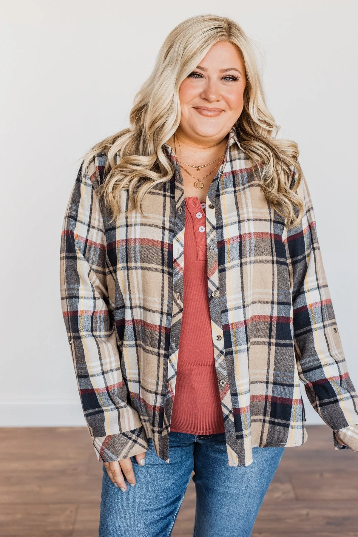 Pumpkin Farm Button Down Flannel- Taupe & Navy