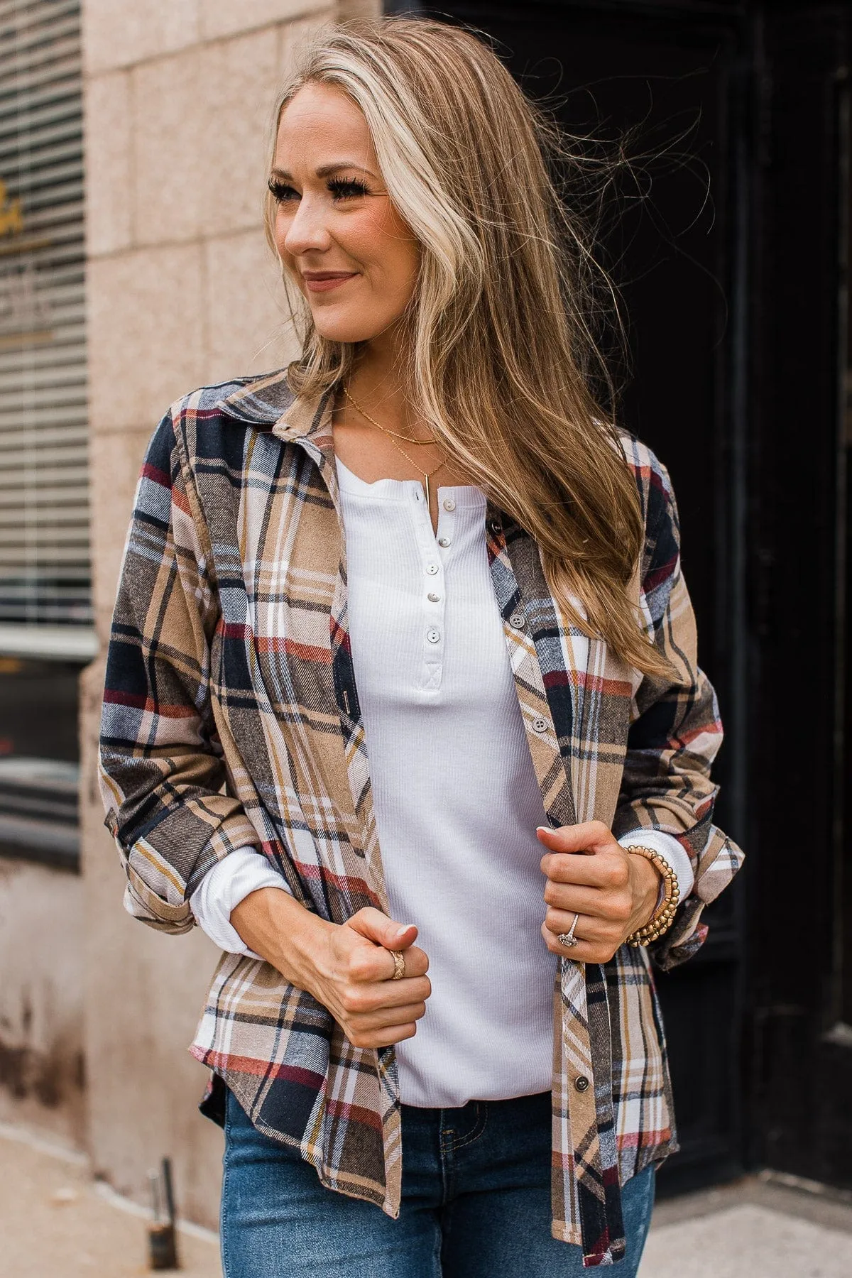 Pumpkin Farm Button Down Flannel- Taupe & Navy