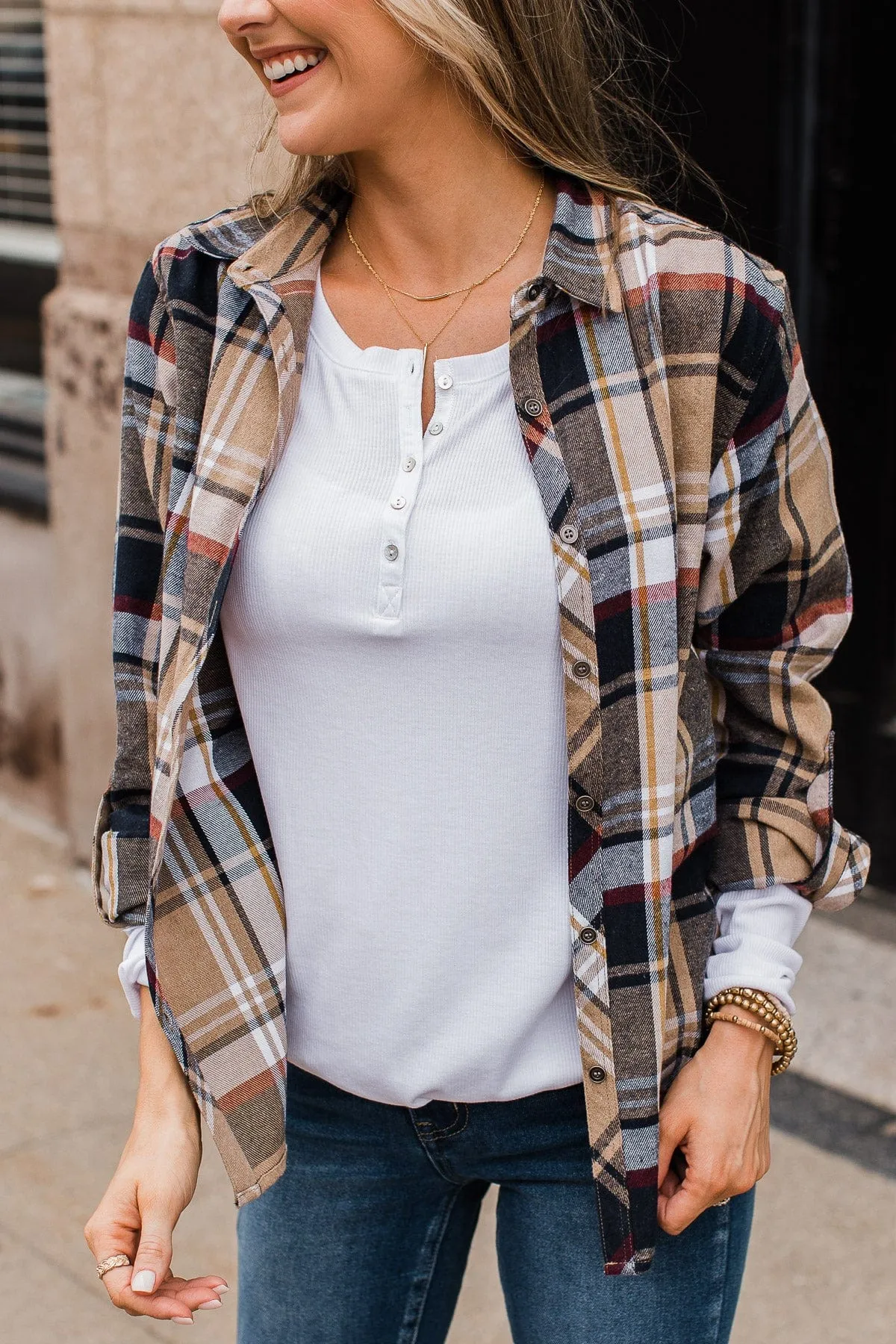 Pumpkin Farm Button Down Flannel- Taupe & Navy