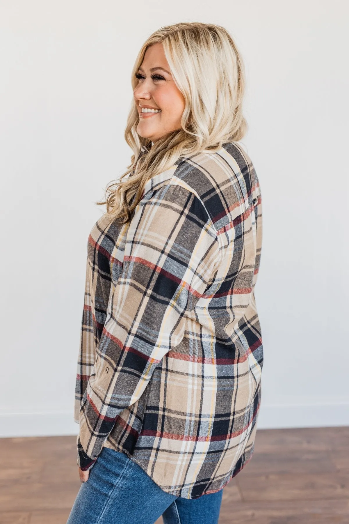 Pumpkin Farm Button Down Flannel- Taupe & Navy