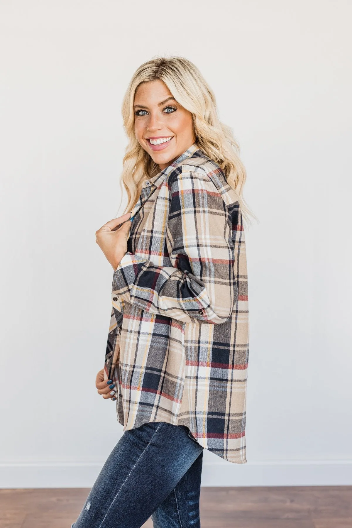 Pumpkin Farm Button Down Flannel- Taupe & Navy