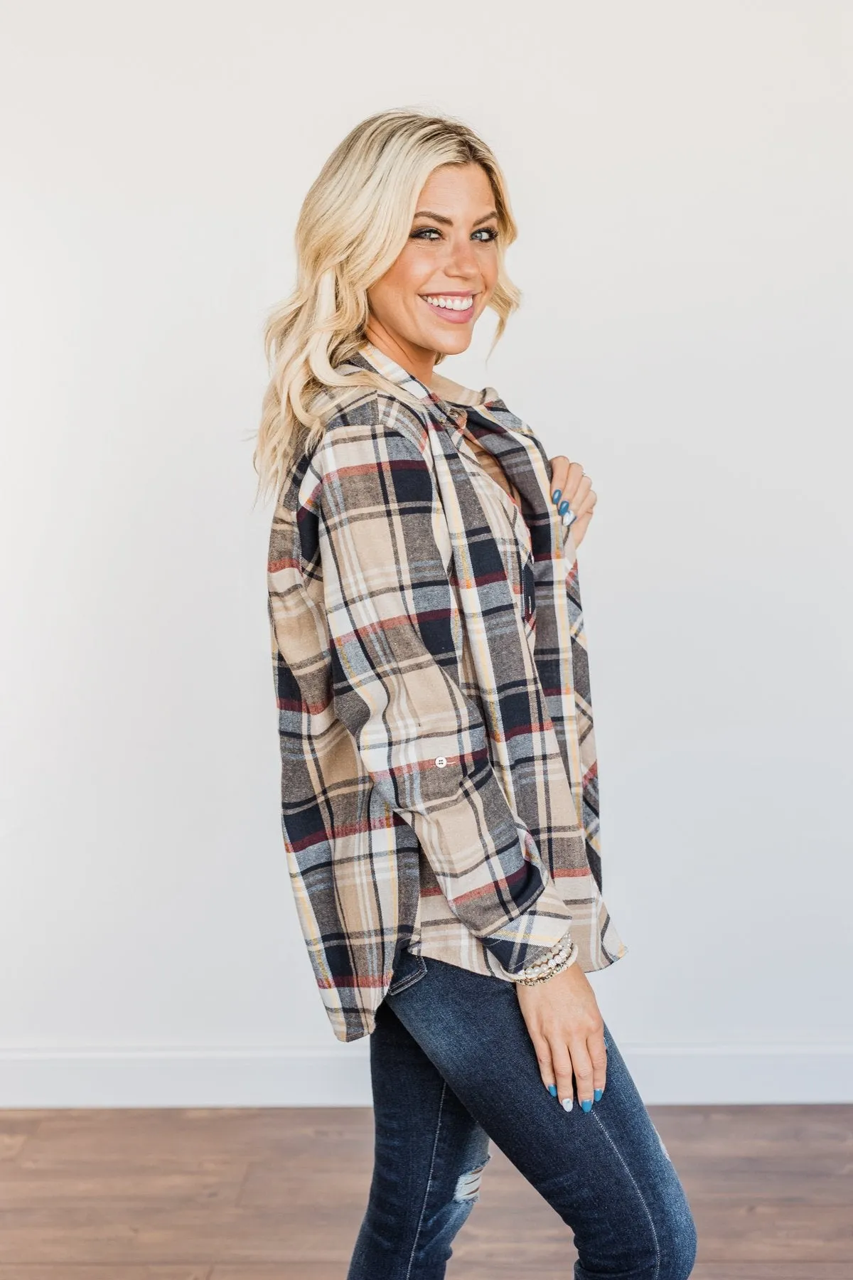 Pumpkin Farm Button Down Flannel- Taupe & Navy