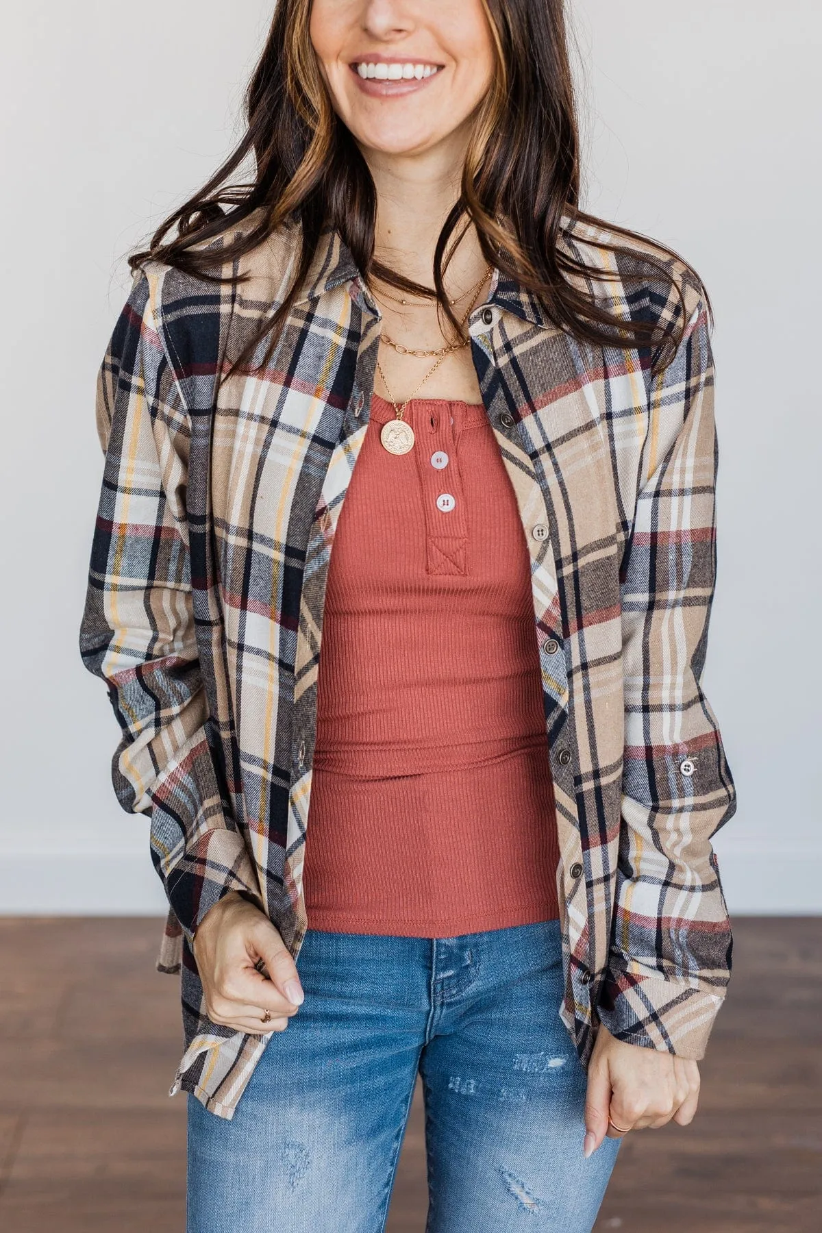 Pumpkin Farm Button Down Flannel- Taupe & Navy