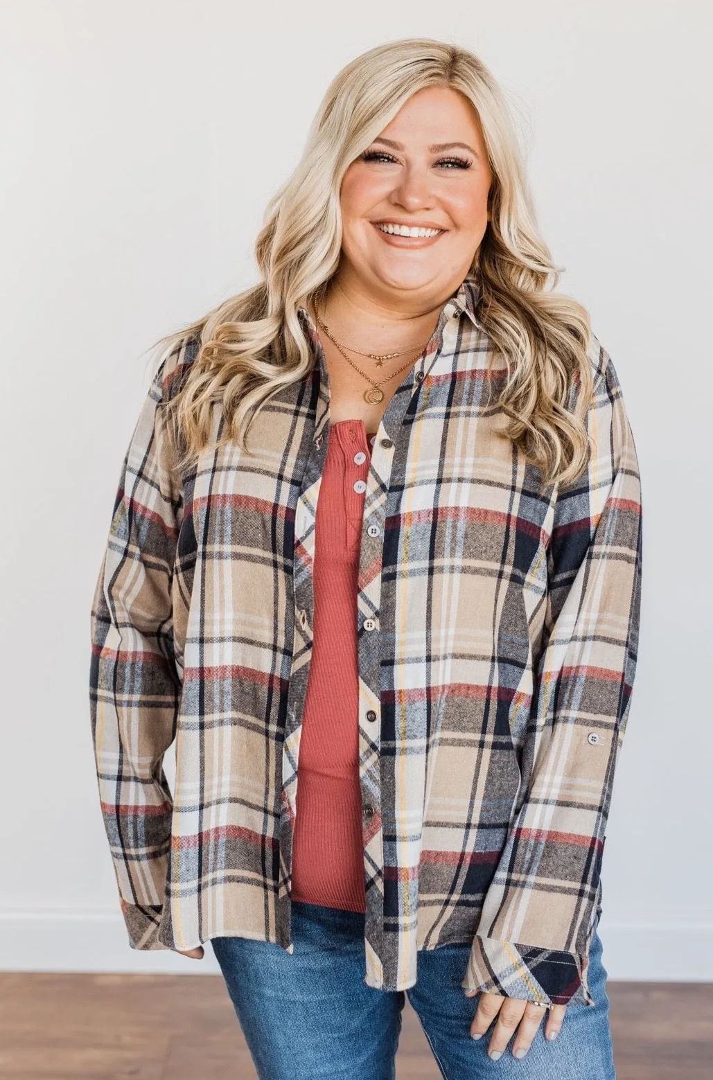 Pumpkin Farm Button Down Flannel- Taupe & Navy