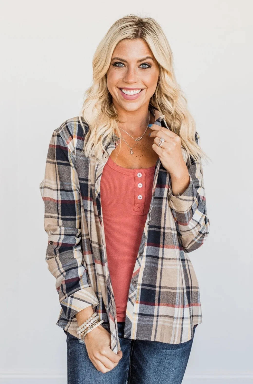 Pumpkin Farm Button Down Flannel- Taupe & Navy