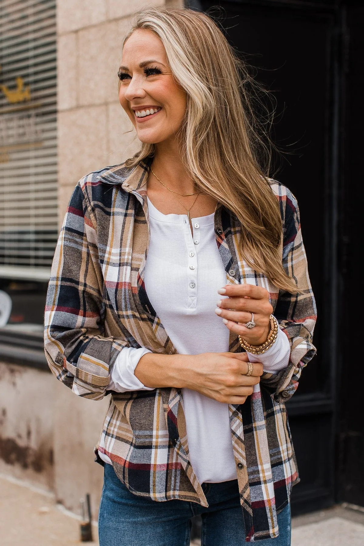 Pumpkin Farm Button Down Flannel- Taupe & Navy