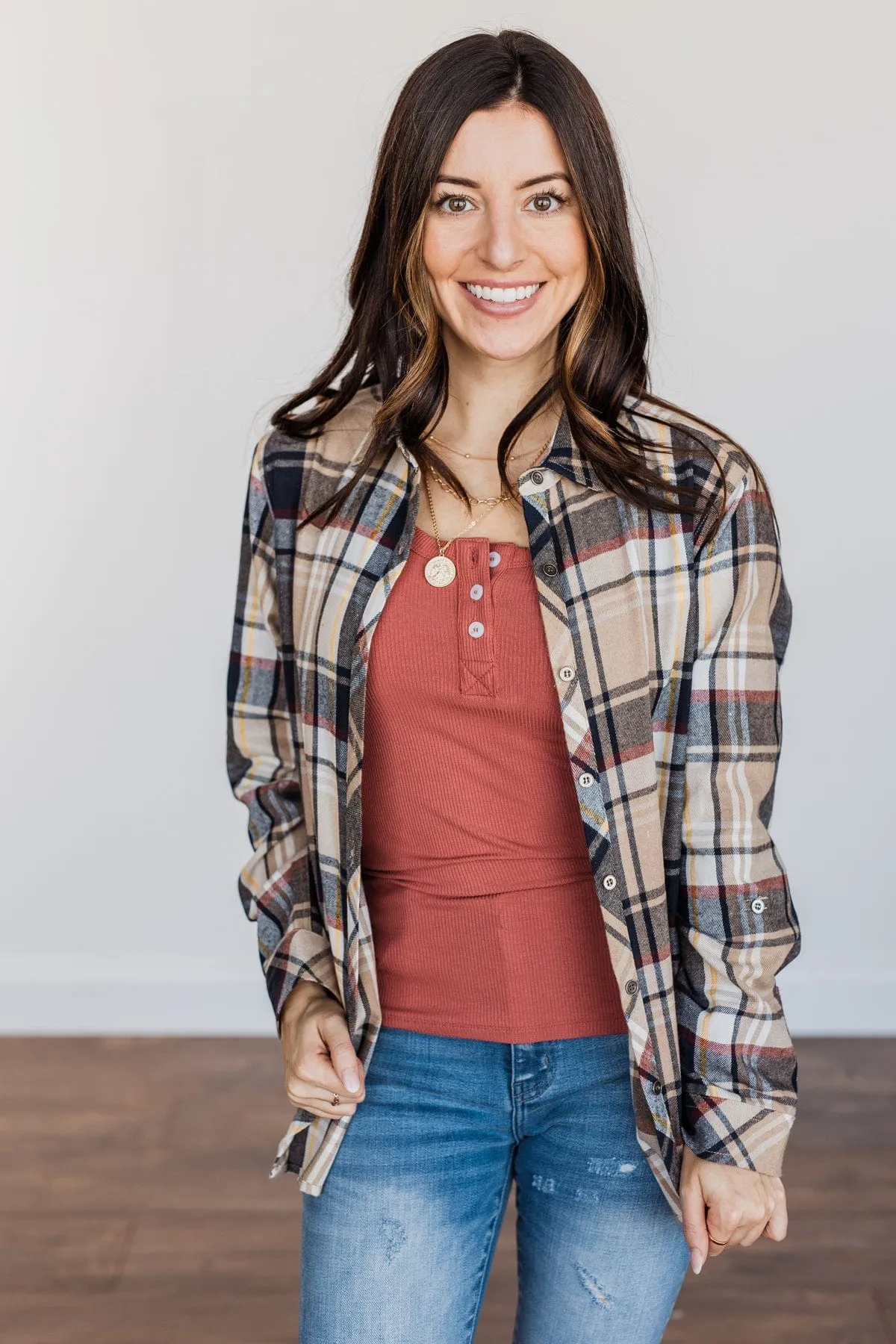 Pumpkin Farm Button Down Flannel- Taupe & Navy