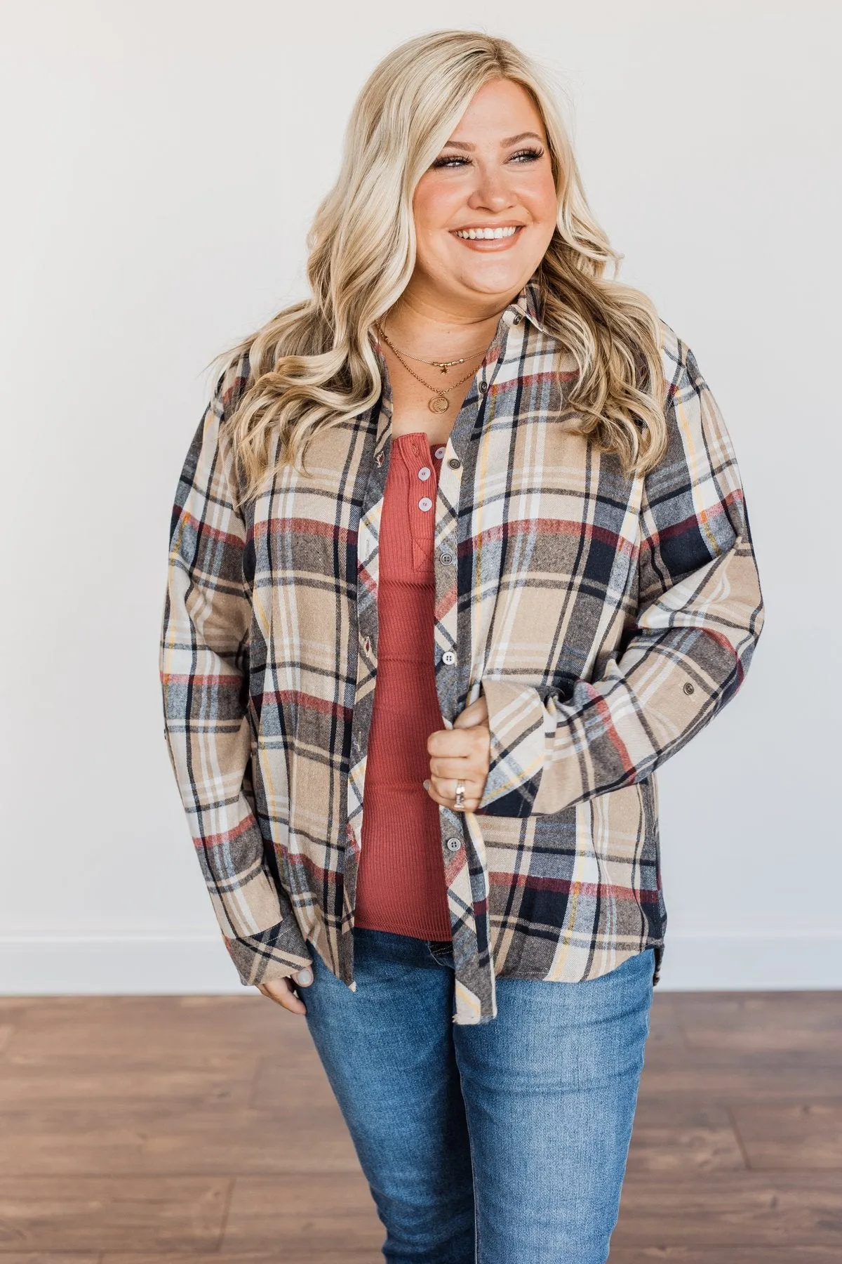 Pumpkin Farm Button Down Flannel- Taupe & Navy