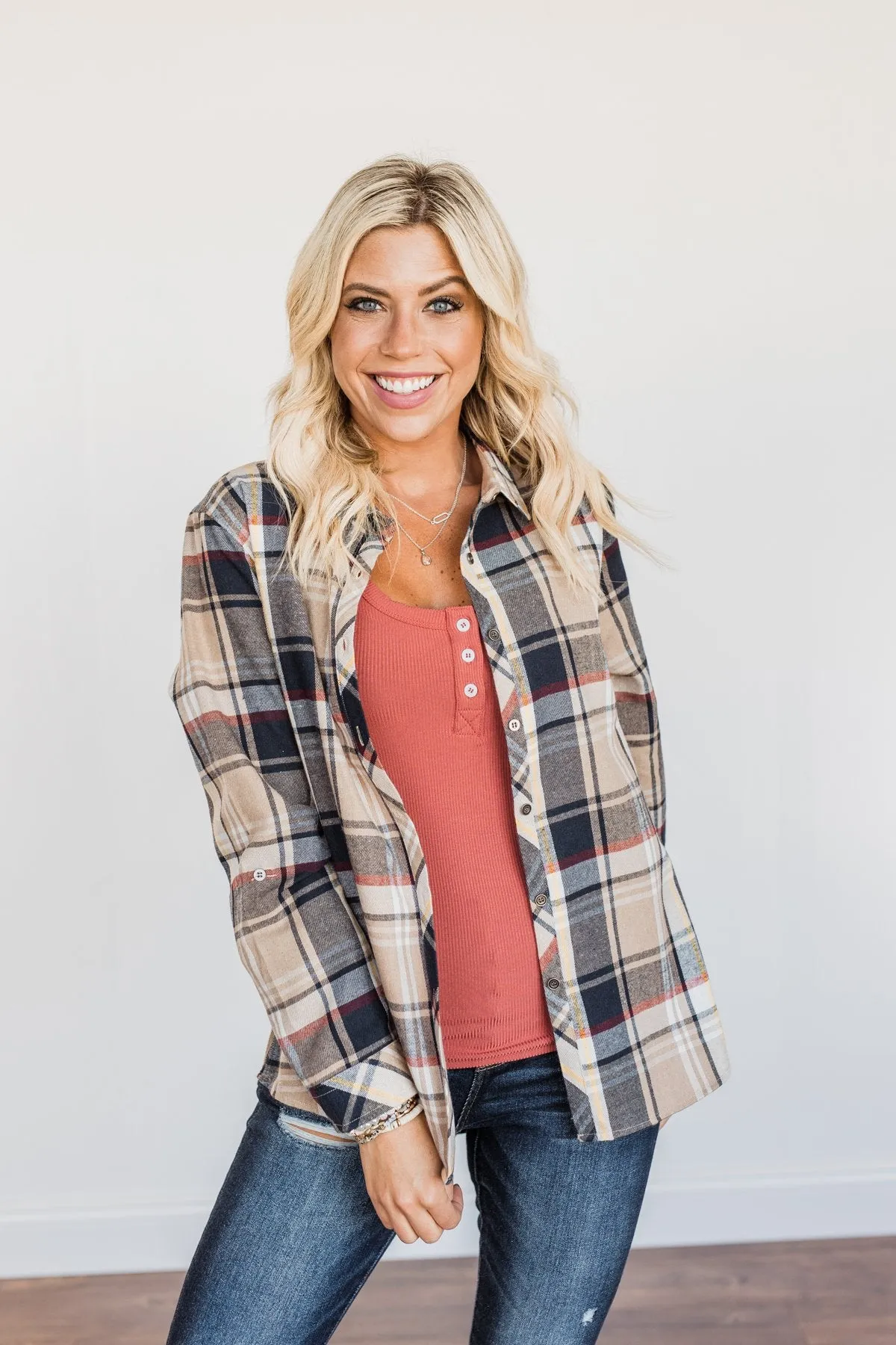 Pumpkin Farm Button Down Flannel- Taupe & Navy