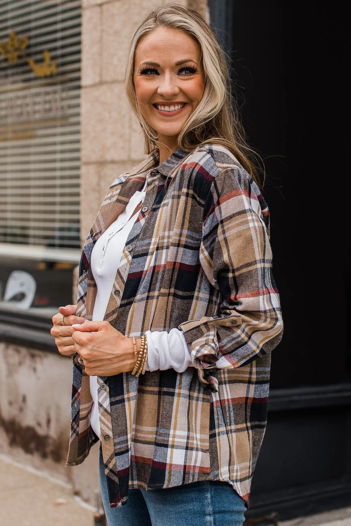 Pumpkin Farm Button Down Flannel- Taupe & Navy