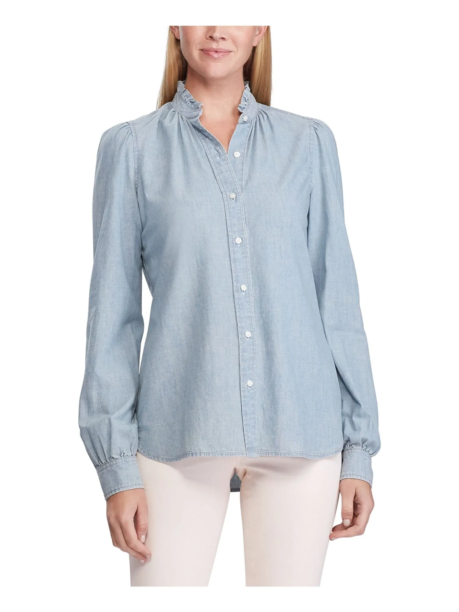 Ralph Lauren Women's Cuffed V Neck Button Up Top Blue Size X-Small