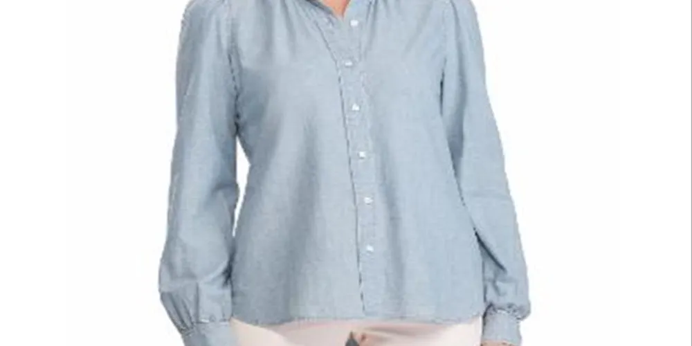 Ralph Lauren Women's Cuffed V Neck Button Up Top Blue Size X-Small