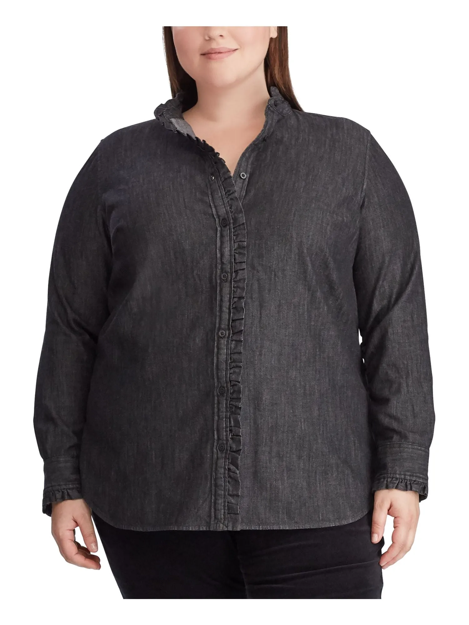 Ralph Lauren Women's Heather Cuffed Collared Button Up Wear To Work Top Black Size 1X