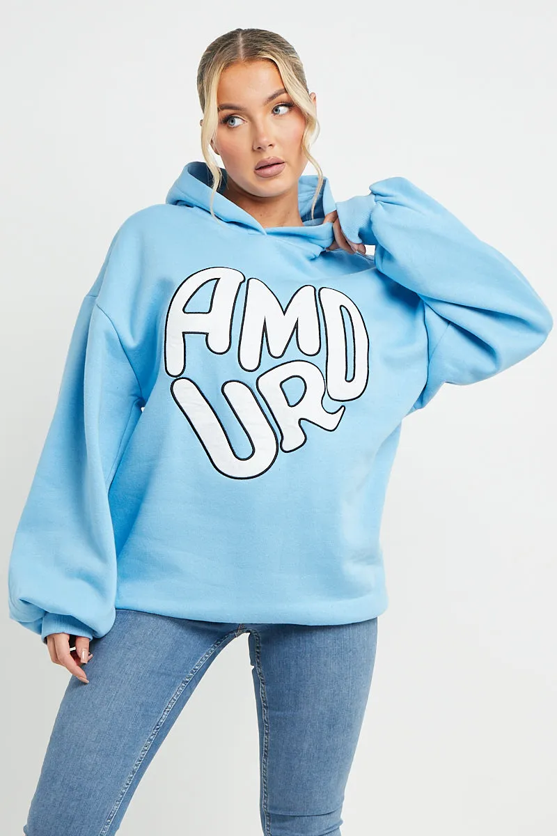 SKY BLUE AMOUR RUCHED SLEEVE HOODIE