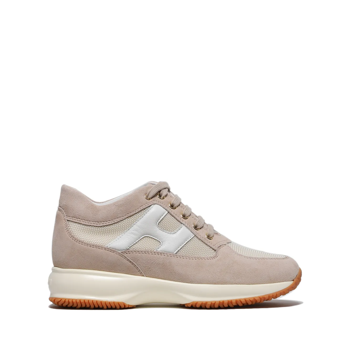 Sneaker Interactive in suede e tessuto beige e H in pelle bianca