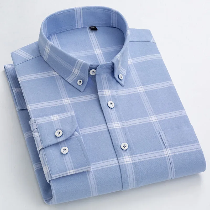 Square Collar Flannel Plaid Striped Standard-fit Long Sleeve Shirt for Men