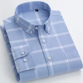 Square Collar Flannel Plaid Striped Standard-fit Long Sleeve Shirt for Men