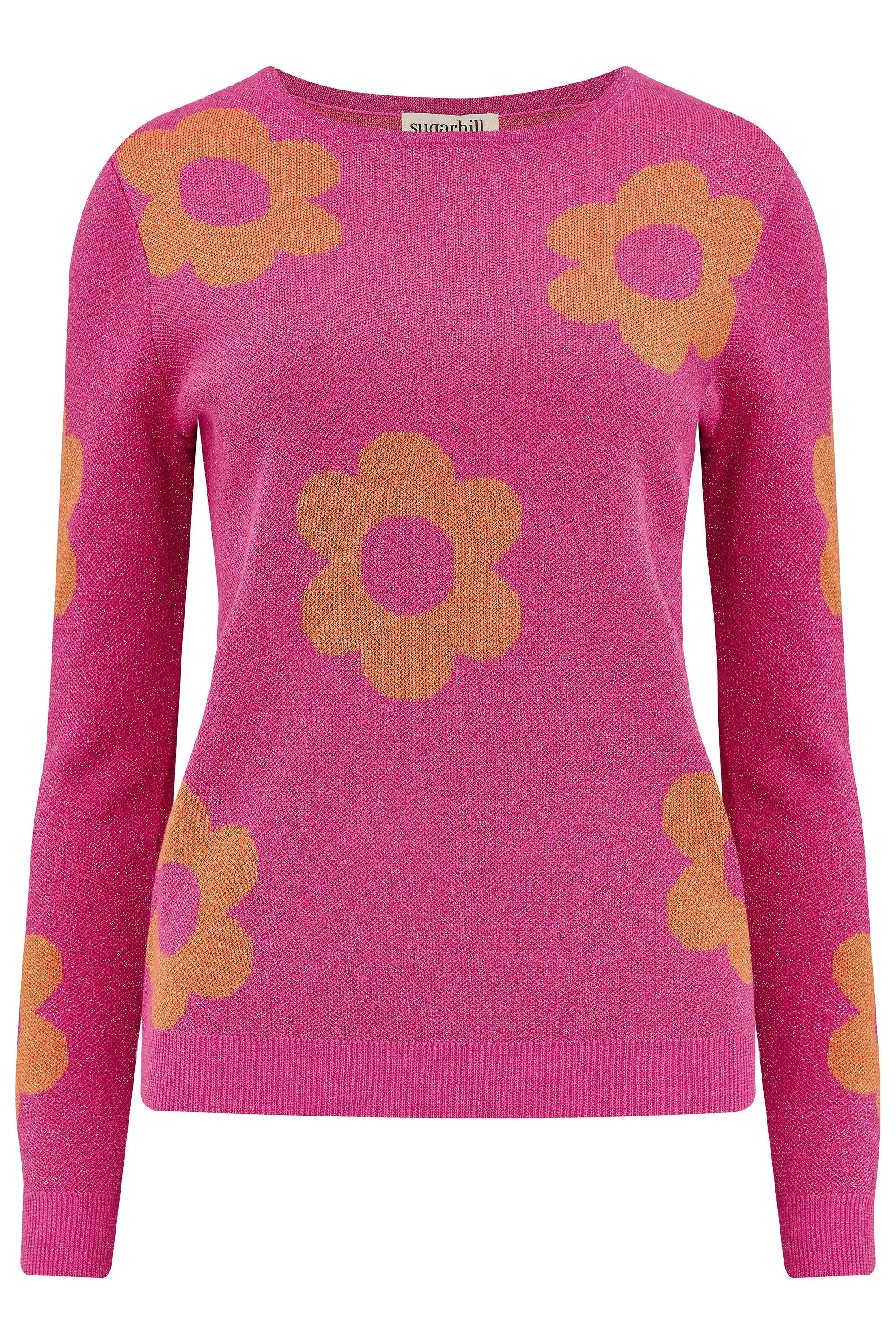 Sugarhill Brighton Pink Sparkle Flowers Rowena Jumper