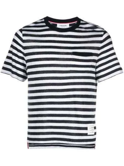 THOM BROWNE  |Crew Neck Pullovers Stripes Cotton Short Sleeves Logo