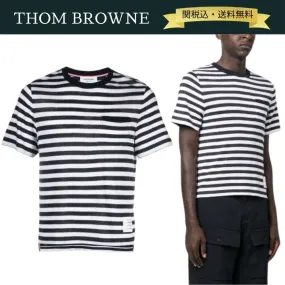 THOM BROWNE  |Crew Neck Pullovers Stripes Cotton Short Sleeves Logo