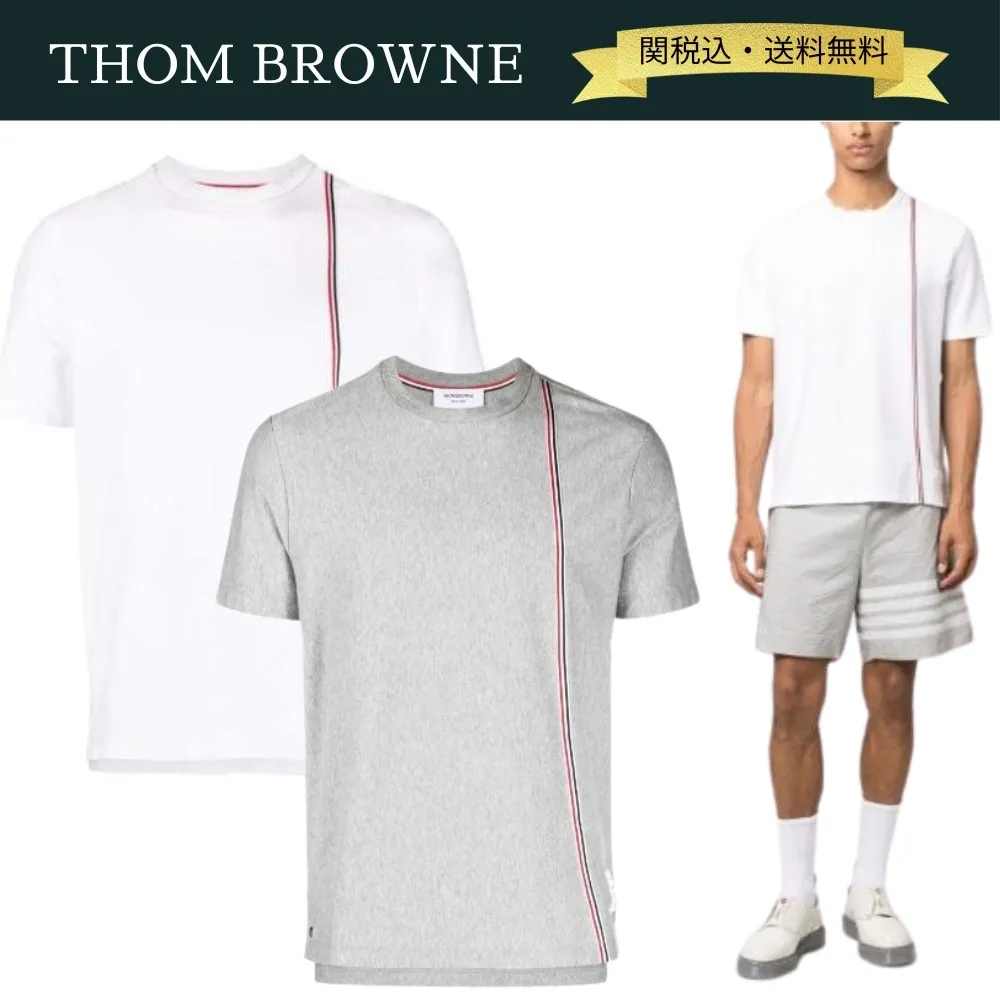 THOM BROWNE  |Crew Neck Pullovers Stripes Plain Cotton Short Sleeves Logo