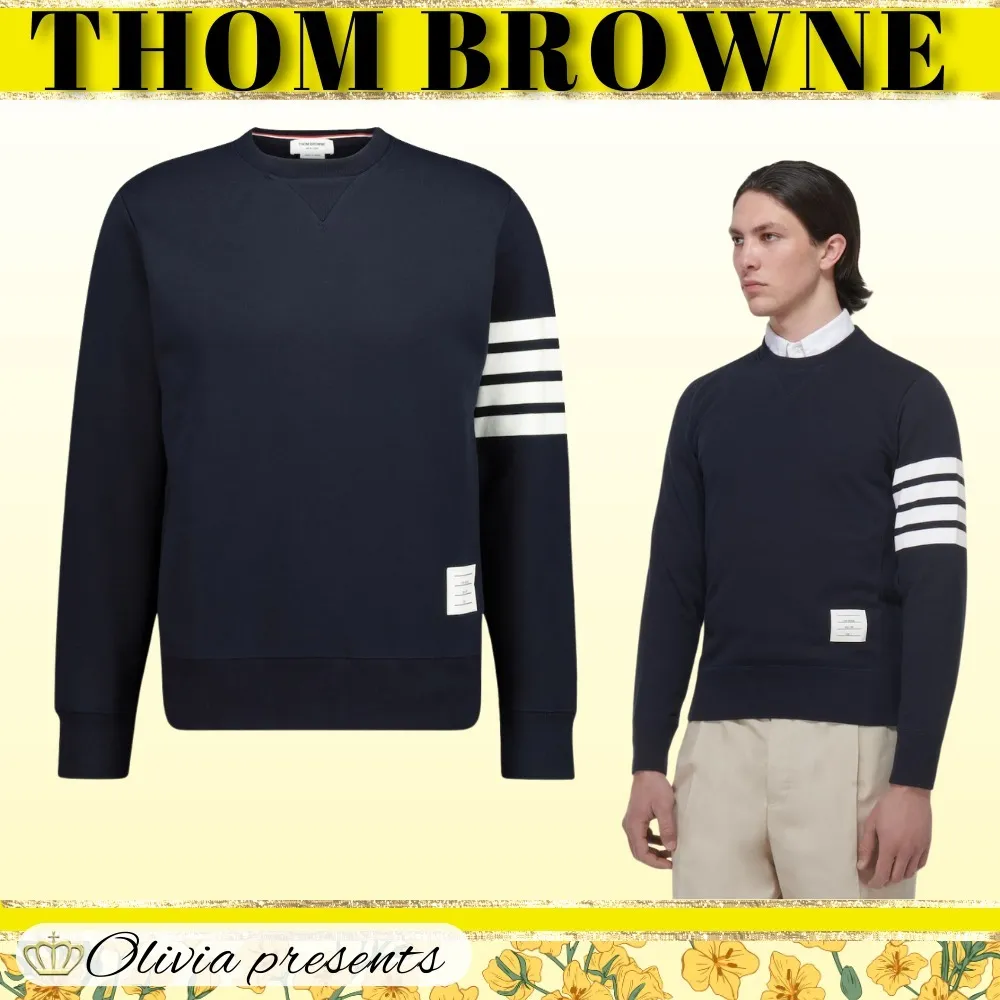 THOM BROWNE  |Crew Neck Pullovers Stripes Sweat Long Sleeves Cotton Logo