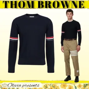 THOM BROWNE  |Crew Neck Pullovers Stripes Wool Long Sleeves Plain