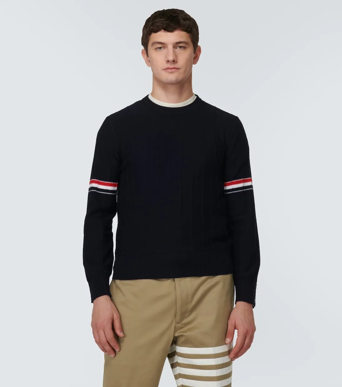 THOM BROWNE  |Crew Neck Pullovers Stripes Wool Long Sleeves Plain