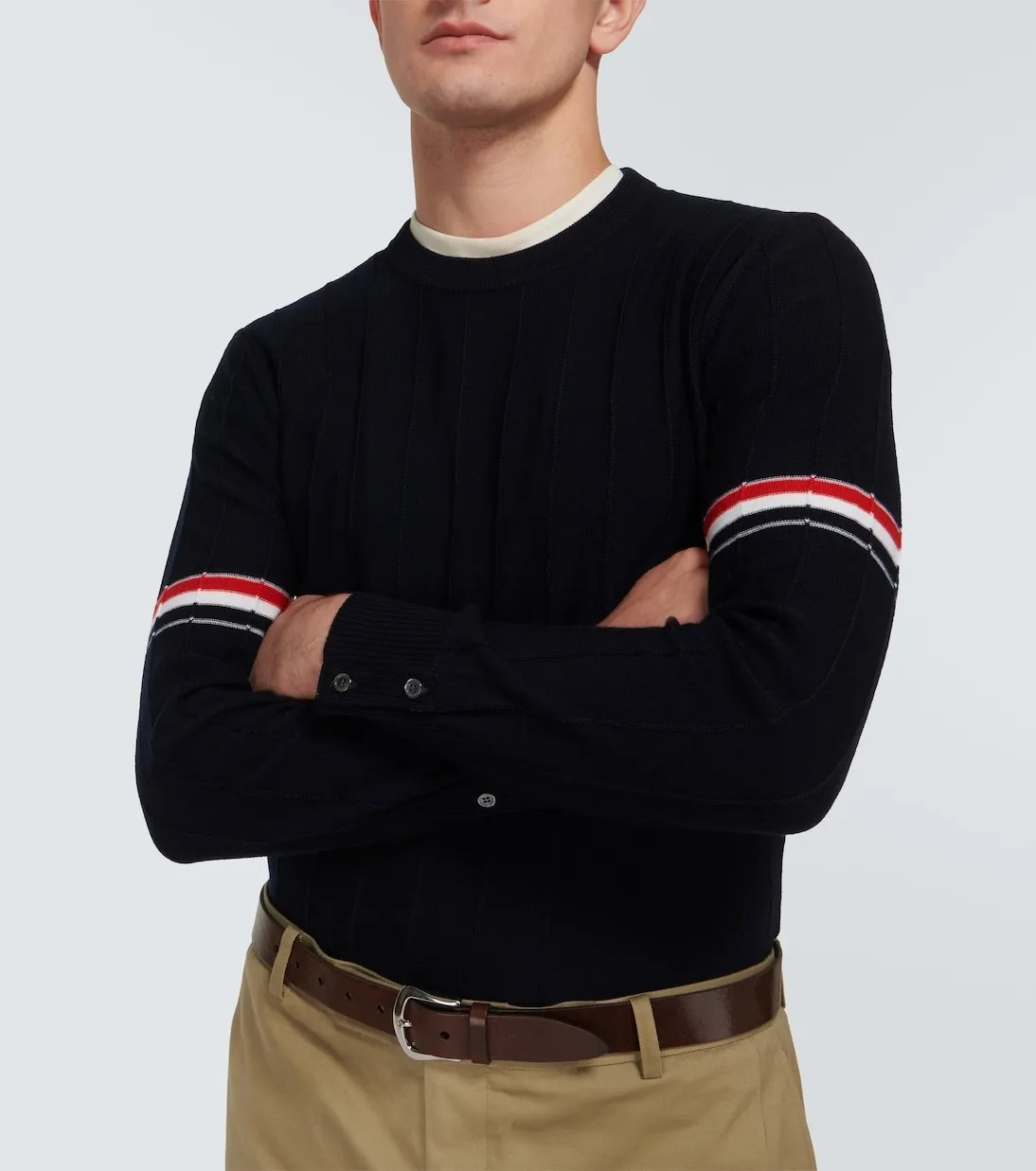 THOM BROWNE  |Crew Neck Pullovers Stripes Wool Long Sleeves Plain