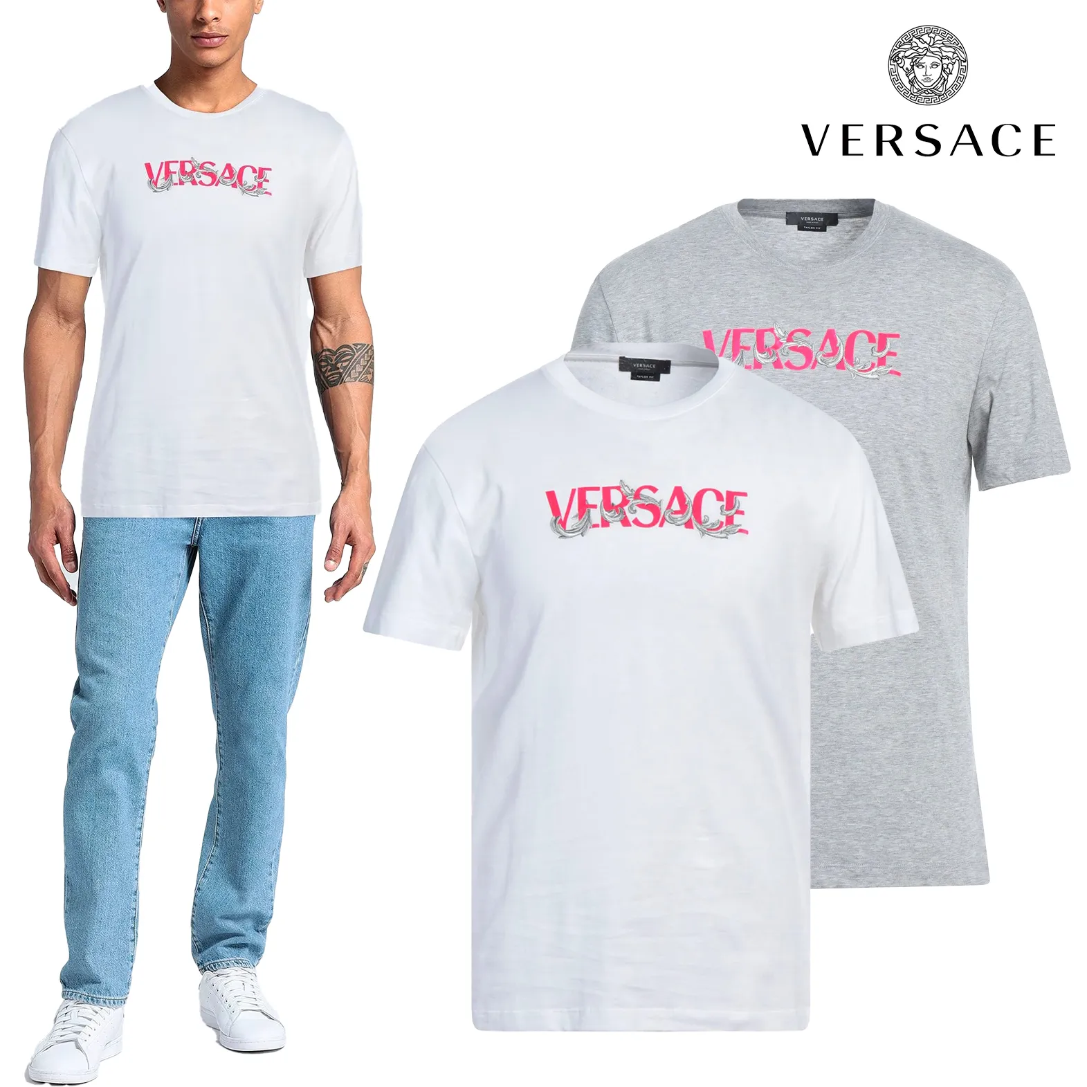 VERSACE  |Crew Neck Pullovers Plain Cotton Short Sleeves Oversized