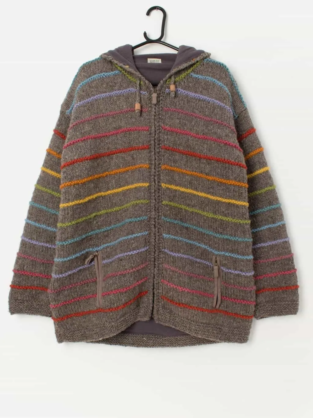 Vintage Pachamama hooded rainbow fleece lined wool cardigan jacket – Large