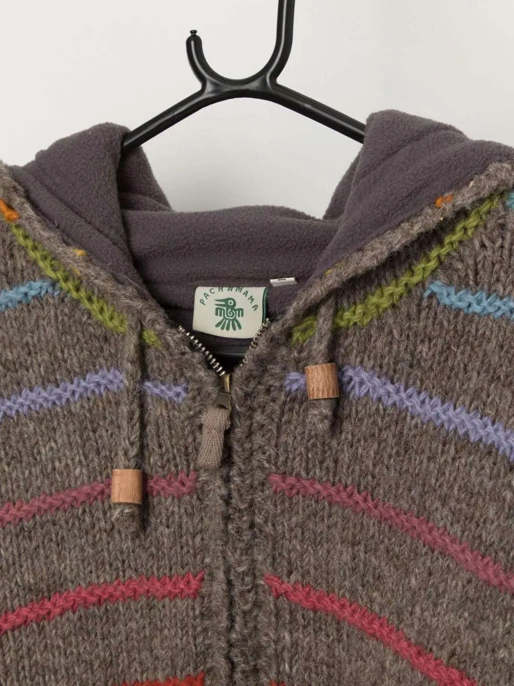 Vintage Pachamama hooded rainbow fleece lined wool cardigan jacket – Large