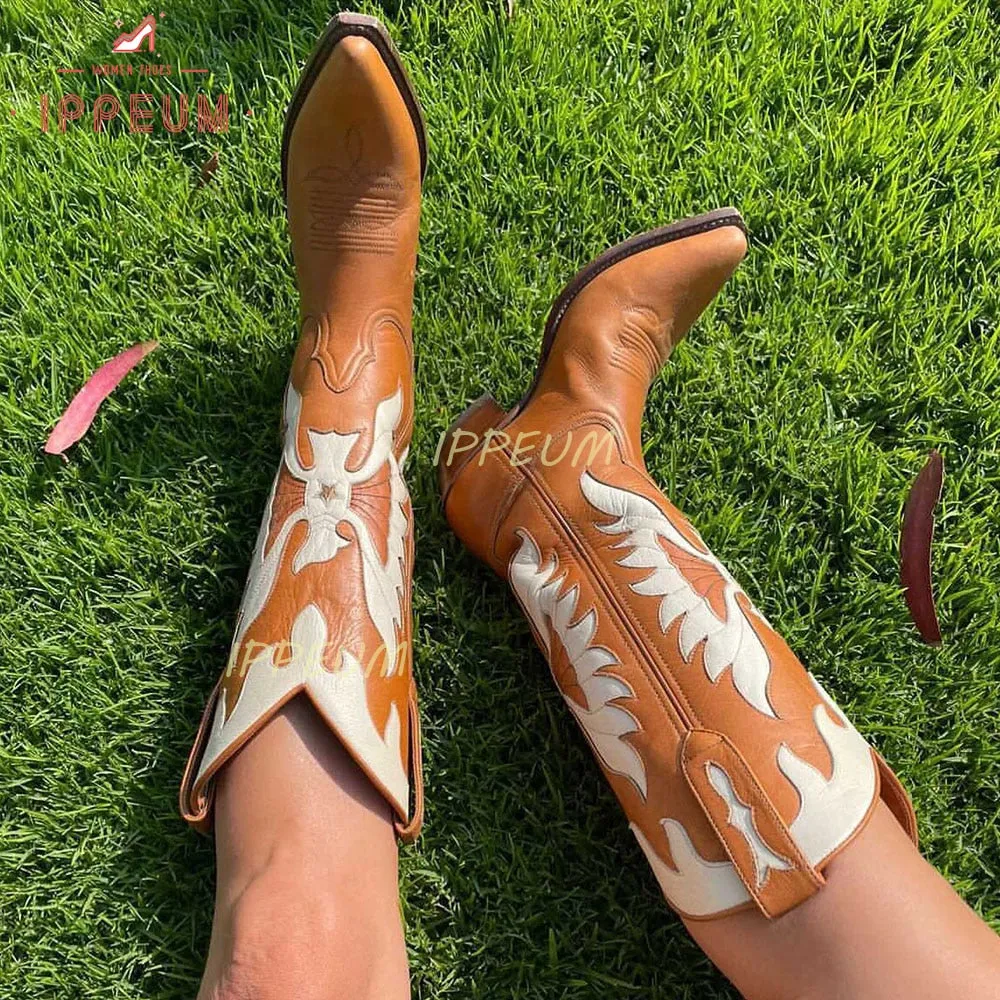 Western Cowboy Boots For Women Firebird Embroidery Leather Knee High Boot Country Western Brown Cowgirl Shoes