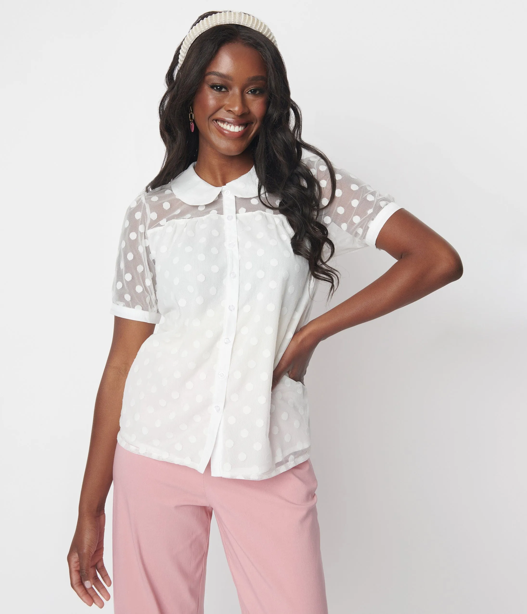 White Polka Dot Mesh Button Down Top